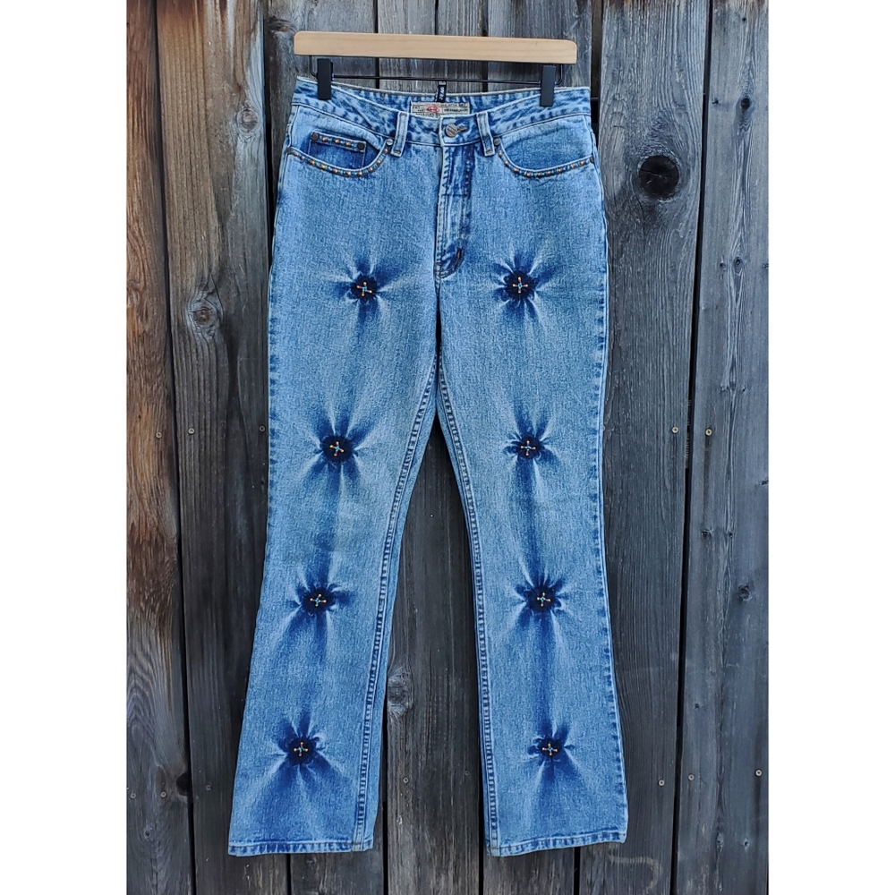 Y2K Mid Rise Beaded Dyed Cotton Jeans - Picture 3 of 10